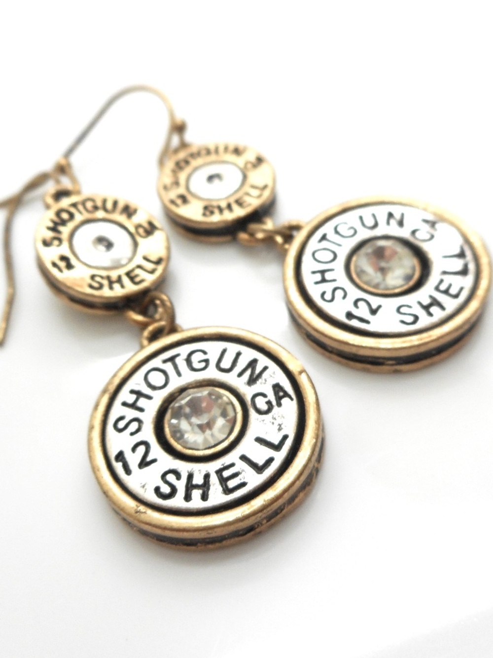 Two Tone Dangle Shotgun Shell Bullet Earrings Crystal Accented